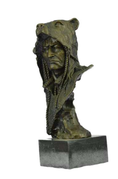 Native American Chief in Bear Headdress Bronze Sculpture