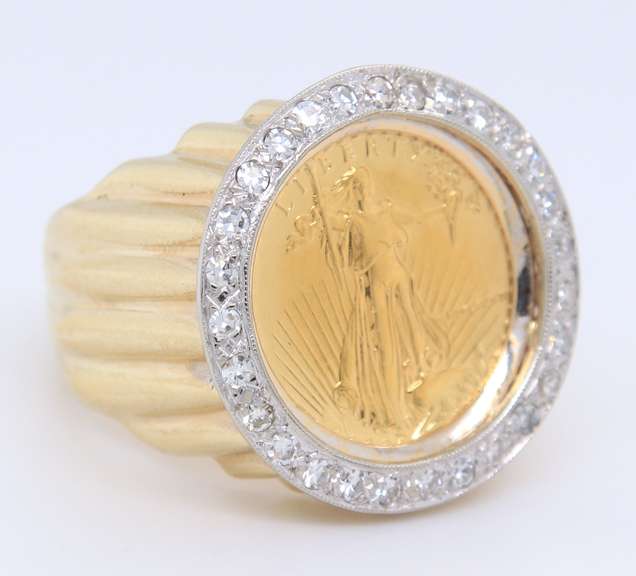 Yellow Gold Diamond Coin Ring with a Ridged Tapered Shank