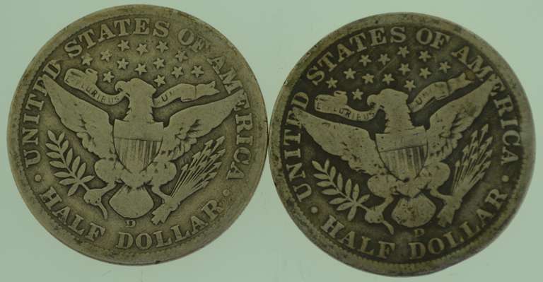 Two(2) 1908-D Barber Half Dollar