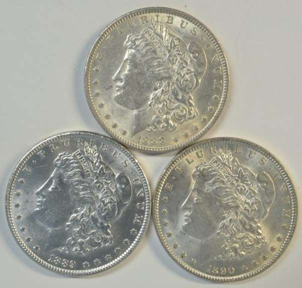 Trio of BU Morgan Silver Dollars from 1888, 1889, & 1890