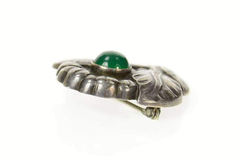 Sterling Silver Georg Jensen Green Agate Ornate Leaf 71 Pin/Brooch