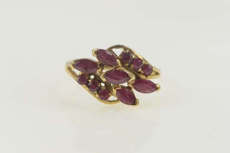 14K Yellow Gold Marquise Round Cluster Wavy Statement Bypass Ring