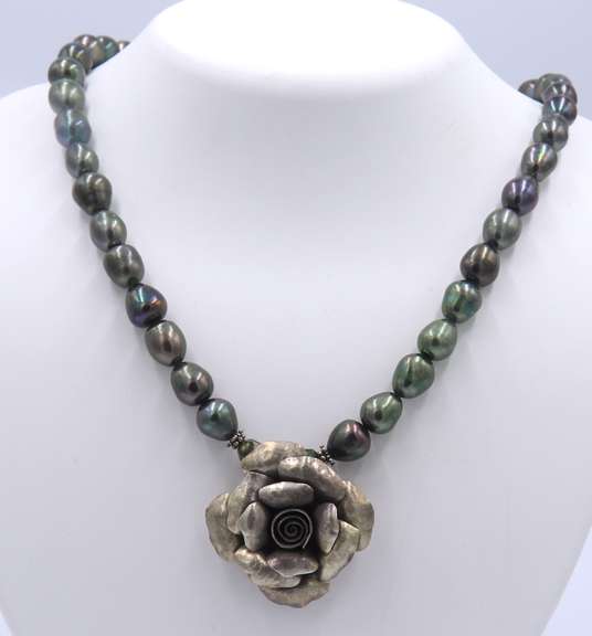 Vintage Sterling Silver Pendant w Pearl Beads Necklace