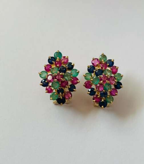 14kt Yellow Gold, Blue Sapphire, Ruby, & Emerald Earrings