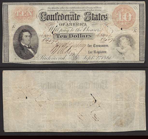 $10 1861 Civil War Confederate Currency Extremely Fine