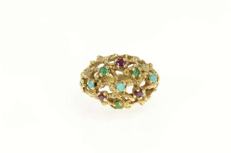 14K Yellow Gold Retro Emerald Ruby Turquoise Domed Cocktail Ring