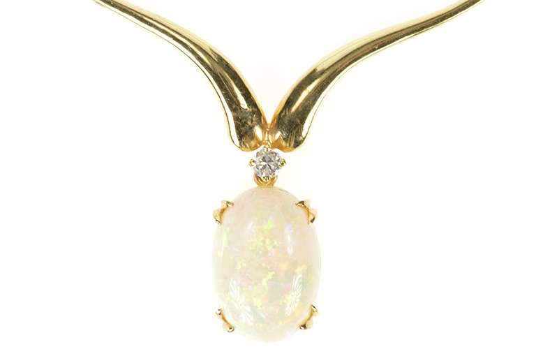 14K Yellow Gold Natural Opal Diamond Chevron Statement Necklace