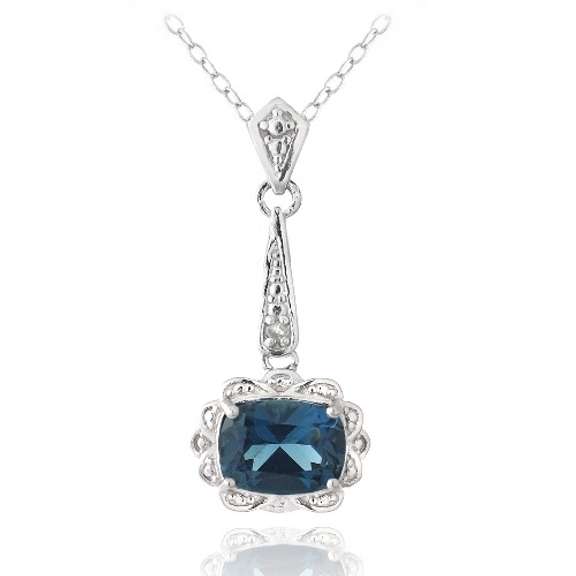 Sterling Silver 2.75ct London Blue Topaz & Diamond Accent Vintage Emerald Cut Necklace