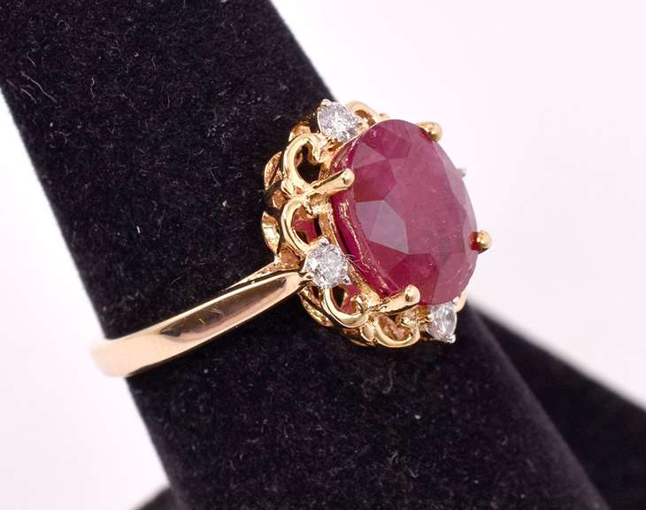 Captivating 3.94CTS Ruby & 0.17CTW Diamond Ring in Gold Plated Sterling Silver
