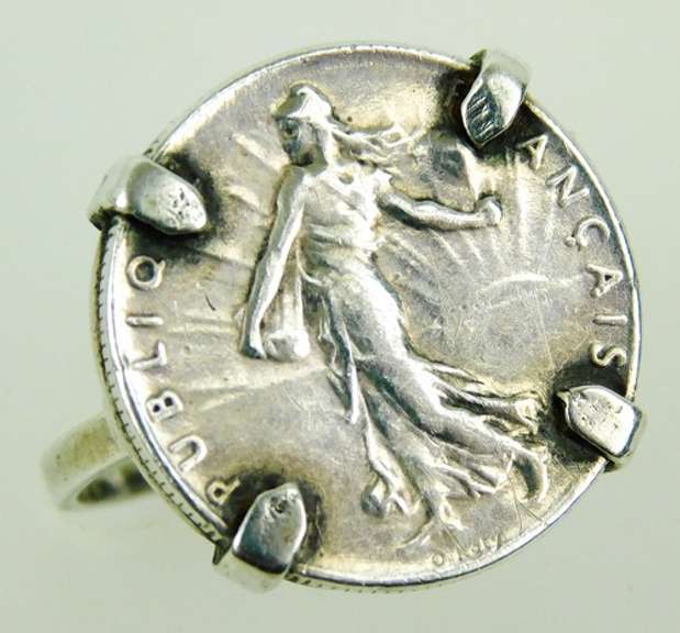 1916 Sterling French Coin Ring, Size 5.5