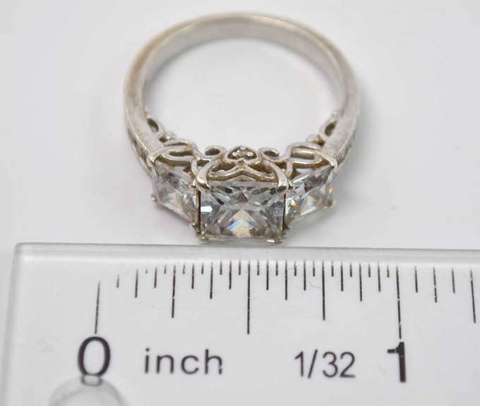 Triple Clear Ornate Gemstone Sterling Silver Ring.