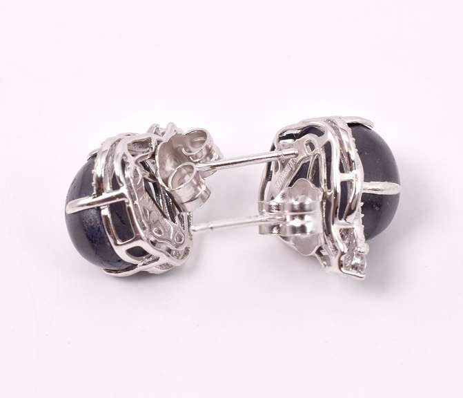 Captivating 12.39CTW Oval Cabochon-Cut Star Sapphire & 0.20CTW Diamond Earrings in Sterling Silver