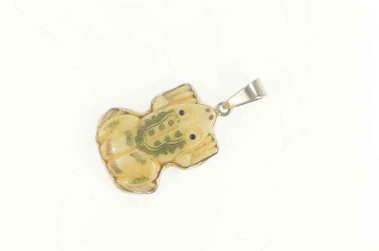 Sterling Silver Carved Scrimshaw Bone Frog Tribal Talisman Pendant