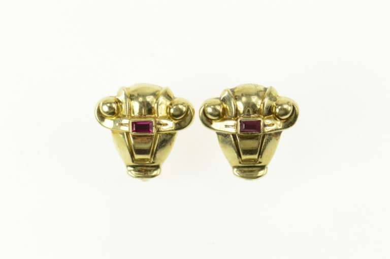 14K Yellow Gold 1930's Syn. Ruby Ornate Scroll Screw Back Earrings