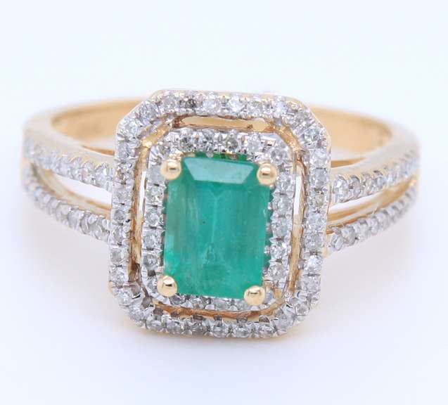 Attractive Emerald Cut Emerald in Double Halo Diamond Setting