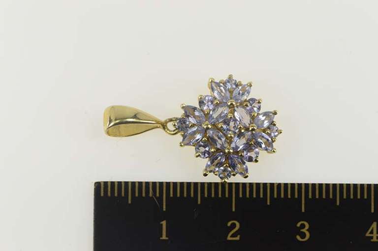 14K Yellow Gold Squared Tanzanite Floral Cluster Statement Pendant