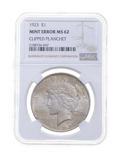 MS62 MINT ERROR 1923 Peace Silver Dollar - Clipped Planchet Graded NGC
