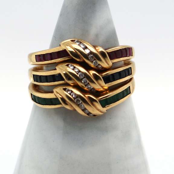18K 3 Gold Rings with Diamonds, Emeralds, Rubies, and Topaz