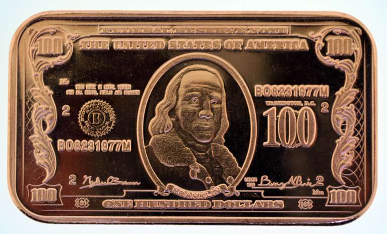 $100 Ben Franklin Note 1 oz .999 Fine Copper Bar