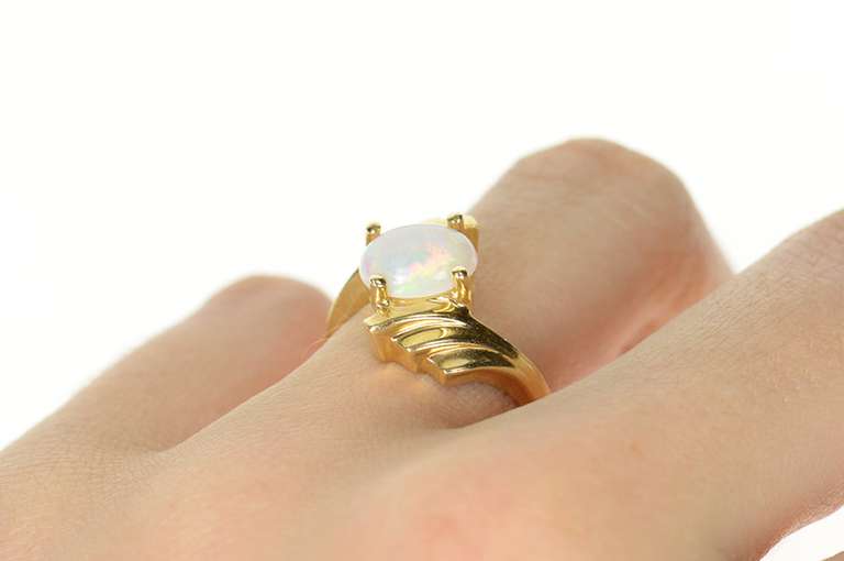 14K Yellow Gold Retro Ornate Natural Opal Cabochon Bypass Ring