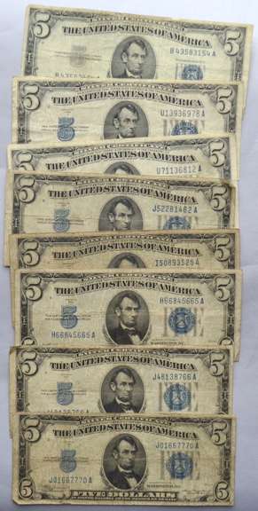 8 Blue Seal $5 Silver Certificates