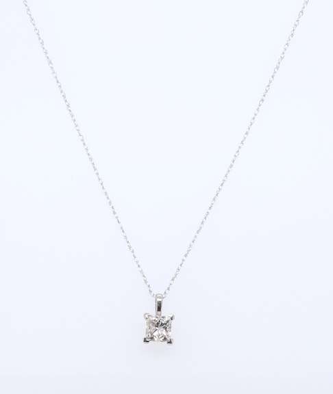 Sparkling White Gold Princess Cut Pendant on Chain