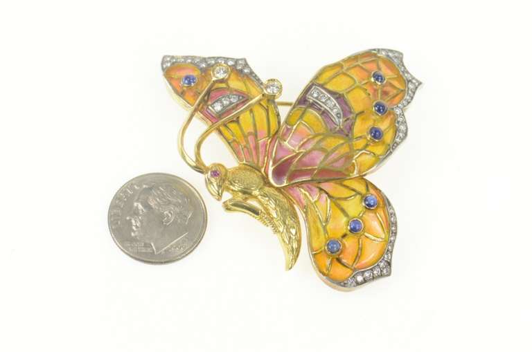 18K Yellow Gold 1.40 Ctw Diamond Sapphire Enamel Butterfly Pin/Brooch