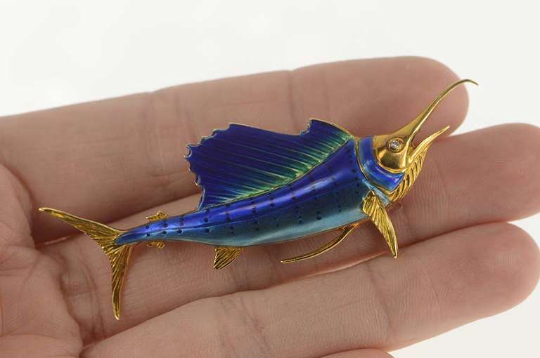 18K Yellow Gold Diamond Ornate Enamel Marlin Statement Pin/Brooch