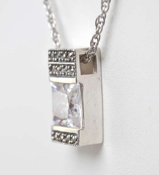Stunning Clear Gemstone Set In Sterling Silver Rectangular Cuboid Pendant On Sterling Silver Chain.