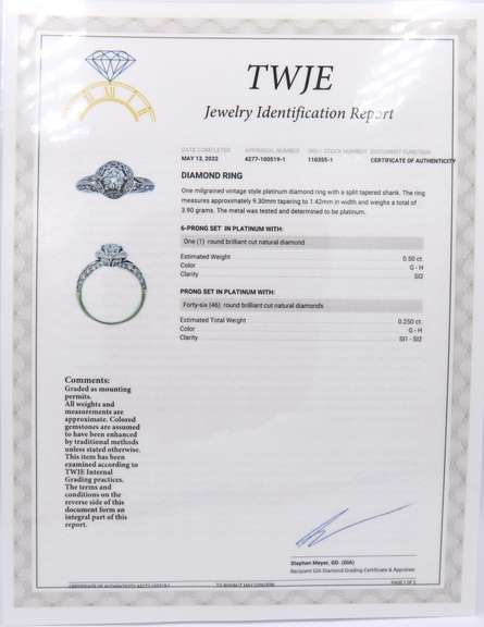 Vintage Style Platinum 0.75ctw Diamond Ring