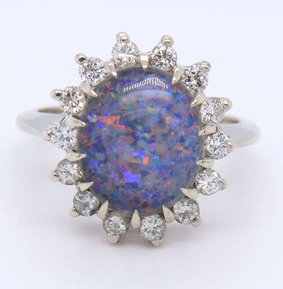 Strong White Gold Diamond Halo opal Doublet Vintage Ring