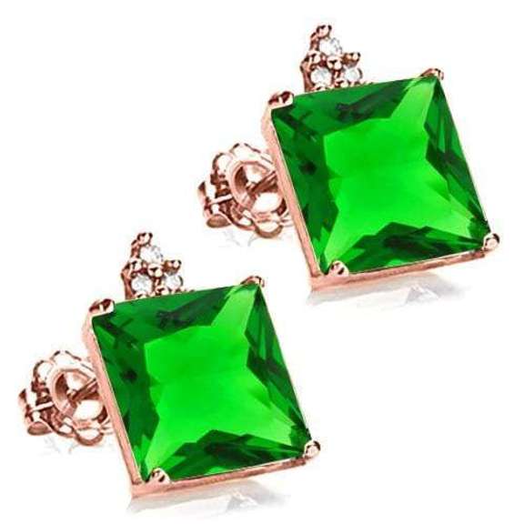 SOLID 10KT ROSE GOLD SQUARE SHAPE 1.80 CREATED EMERALD AND 6 DIAMONDS EARRINGS STUD
