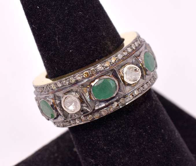 Elegant 0.85CTW Diamond & Natural Emerald Ring in Gold Plated Sterling Silver