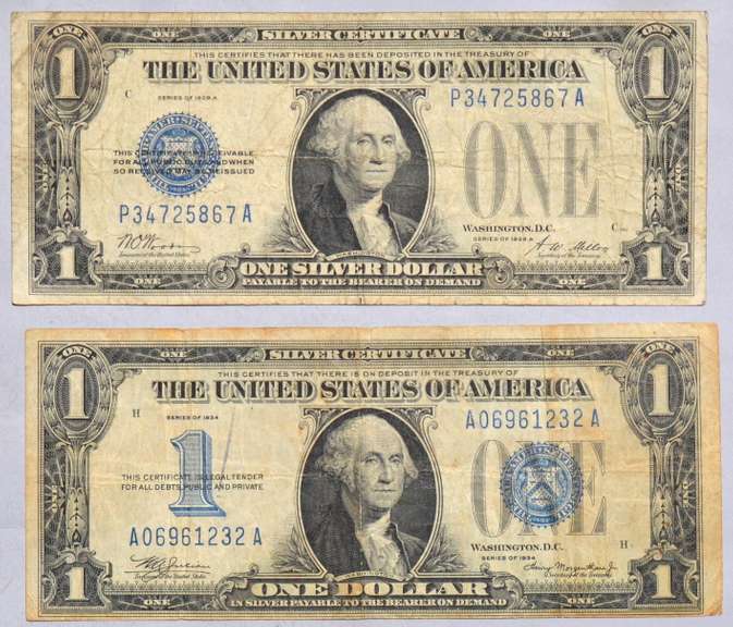2 Types $1 Funnyback Silver Certificates