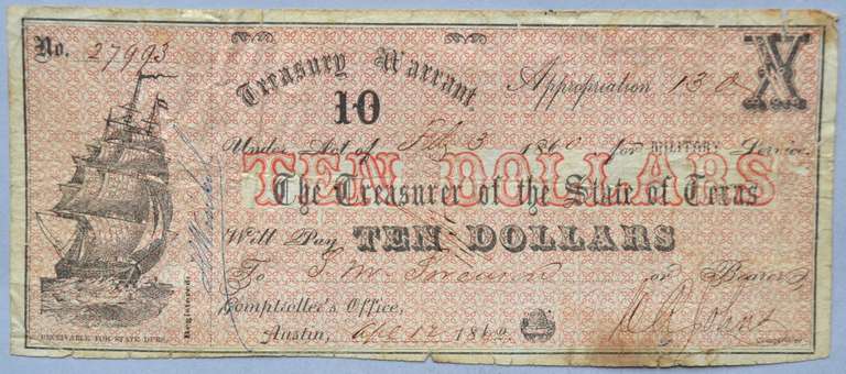 April 17 1862 $10 Texas Treasury Warrant