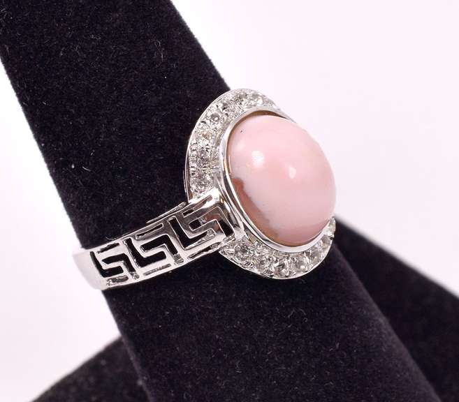 Elegant 3.17CTS Pink Opal & 0.32CTW White Topaz Ring in Sterling Silver