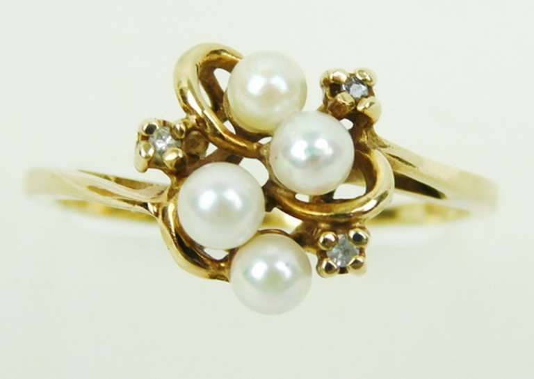 Vintage Pearls & Diamonds 10K Gold Ring, Size 8.25