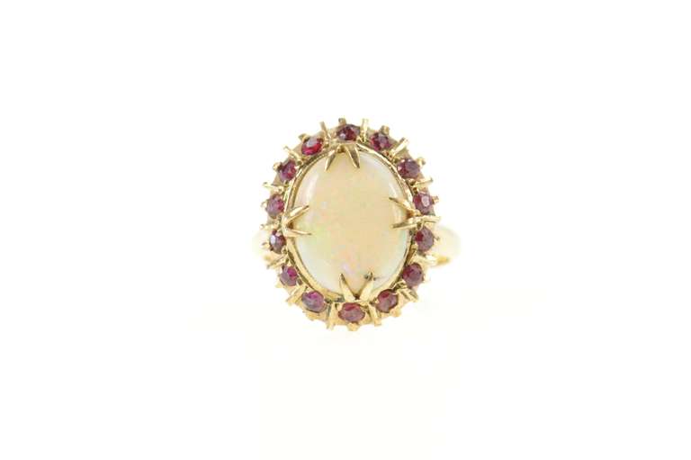 18K Yellow Gold Victorian Natural Opal Ruby Halo Statement Ring