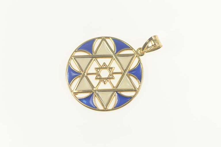 14K Yellow Gold White & Blue Enamel Star of David Jewish Pendant