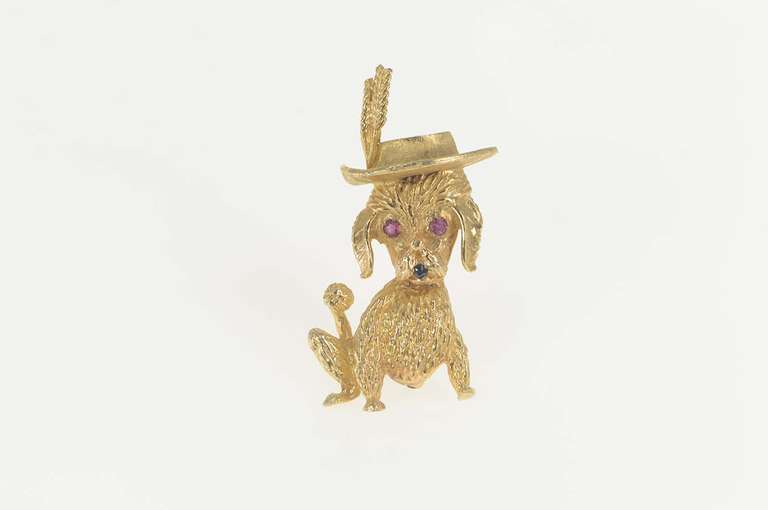 14K Yellow Gold 1960's Dapper Hat Poodle Ruby Sapphire Pin/Brooch