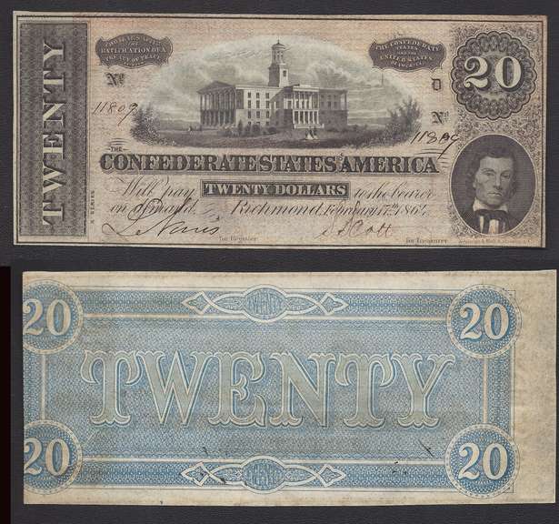 $20 1864 T-67 Confederate Extremely Fine+ with faulty alignment back.