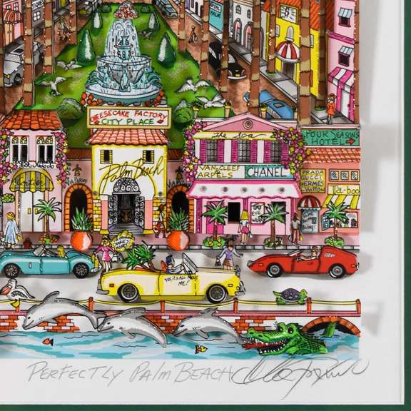 Charles Fazzino, "Perfectly Palm Beach (Green)" Framed 3D Limited Edition Silk Screen, DX Numbered and Hand Signed with Certificate of Authenticity.