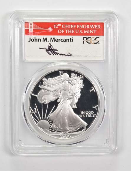 PR70DCAM 1986-S American Silver Eagle - Mercanti Signed - Graded PCGS