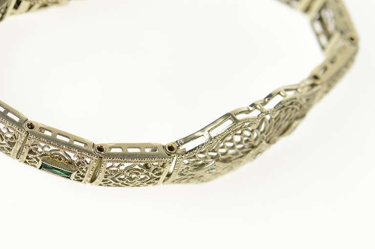 14K White Gold Art Deco Filigree Diamond Syn Emerald Bracelet