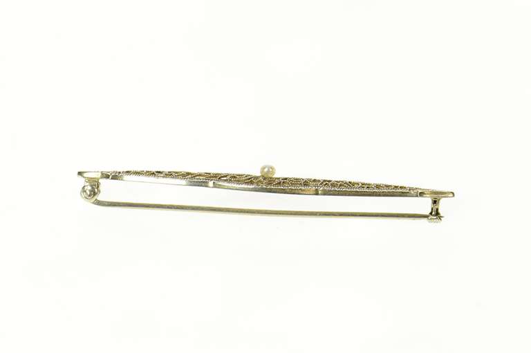 14K White Gold Art Deco Pearl Ornate Filigree Bar Pin/Brooch