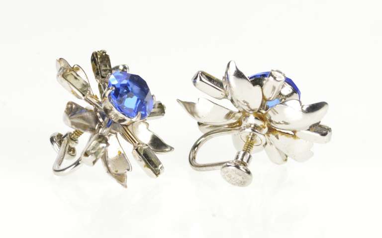 Gold Filled 1960's Sim. Sapphire Floral Screw Back Earrings