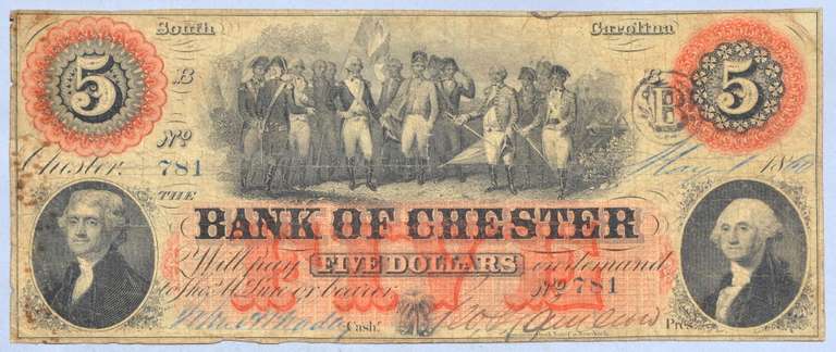 $ 5 Bank of Chester South Carolina May 1 1860 Note