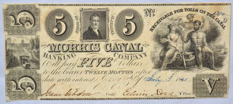 $ 5 Morris Canal Bank Co New Jersey Unc 1841 Note