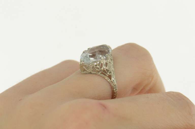 14K White Gold Art Deco Filigree Sim. Blue Topaz Engagement Ring