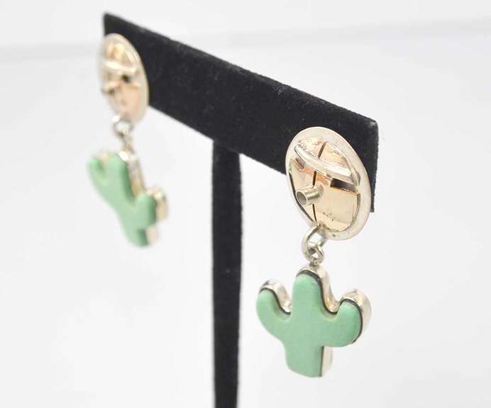 Green Gemstone Cut In A Cactus Shape Set In Sterling Silver Earrings